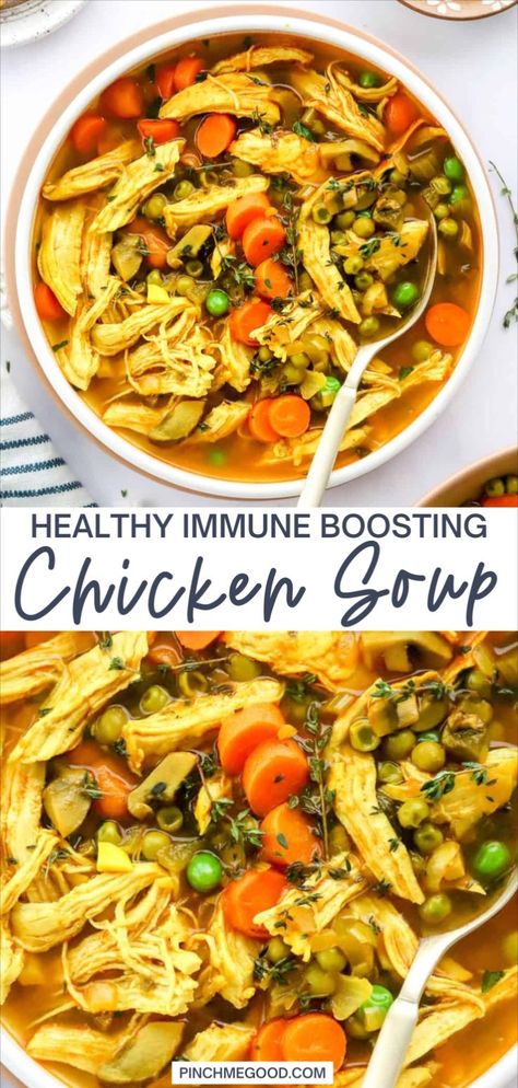 This healthy chicken soup is packed full of immune-boosting ingredients like veggies, chicken broth, chicken, and turmeric. It is loaded with flavor and makes the perfect winter meal that you can also prep and enjoy all week long! Chicken Breast Soup, Easy Healthy Soup, Chicken Soup Crockpot, Easy Soup Recipes Healthy, Chicken Veggie Soup, Healthy Chicken Soup, Broth Chicken, Healing Soup, Cabbage Soup Diet