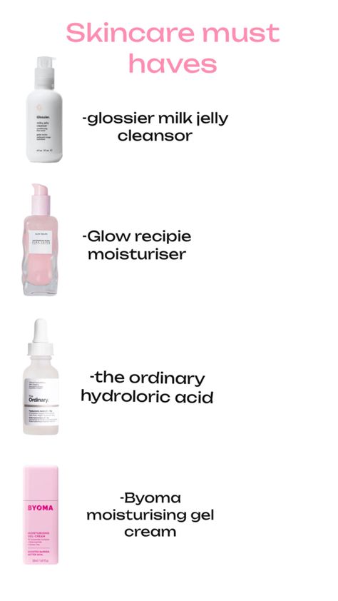 Skincare glow recipie moisteriser the ordinairy serum hydroloric acid glossier milk jelly cleanser byoma moisterising gel cream Milk Jelly Cleanser, Skincare Must Haves, Milk Jelly, Jelly Cleanser, Milk Cleanser, Glowing Skincare, Skincare Tips, Gel Cream, Jelly