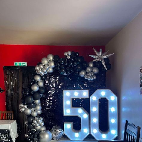 Happy 50th Birthday Dean hope you have an amazing day and enjoyed your "surprise party". Many thanks to Joy for choosing us for the decorations, was great fun planning this. Here we had it all. Sequin wall, balloon garland and light up number package. Smaller sequin wall. Welcome sign and helium numbers. These are all available to suit all occasions, colours and budgets please message for prices and availability #balloongarland #sequinwalldecor #sequinwallbackdrop #sequinwallhire #light... Sequin Wall, Happy 50th, Happy 50th Birthday, Surprise Party, Party Photos, Balloon Garland, Backdrops For Parties, 50th Birthday, Color Themes