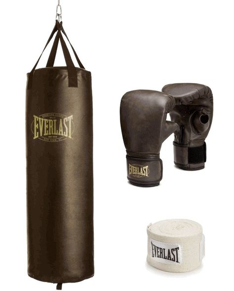 This kit from Everlast includes a heavy bag, a pair of gloves and a pair of handwraps - it costs just $99.99 USD and can be hung anywhere you can drill... Heavy Bag Stand, Boxing Punching Bag, Everlast Boxing, Vintage Boxing, Boxing Punches, Hand Wraps, Boxing Bags, Training Gloves, Heavy Bags