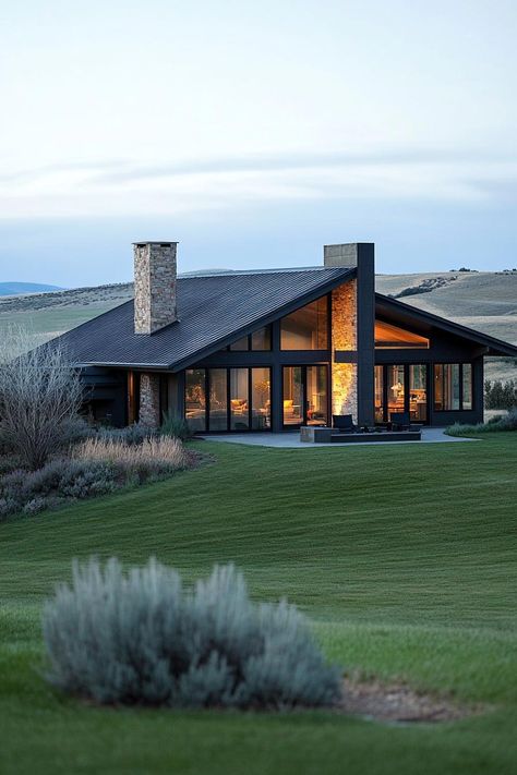 Modern Mountain Ranch Home Exterior, High Ceiling Ranch Home, Contemporary Rural House, House On A Ranch, Modern Horse Ranch, L Shaped Ranch Exterior, Black Ranch House, Mountain Modern Exterior, Beautiful Ranch Homes