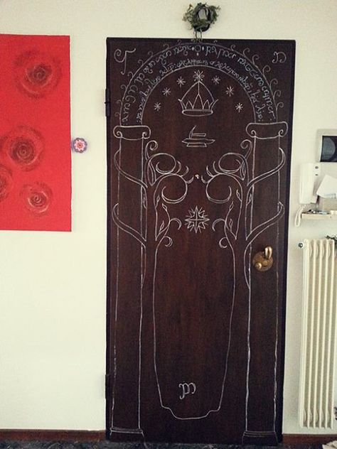 It was raining outside... I was bored... so I painted my door like the gates of Moria... you know, like normal people usually do... Goth Door Painting, Gates Of Moria, Painted Door, Raining Outside, Witchy Crafts, Normal People, Bedroom Paint, Painted Doors, Wall Mural