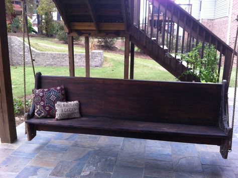 My dad and I made this swing. It is an old church pew!!!! Old Church Pews Ideas, Church Pew Front Porch, Pew Repurpose, Church Pews Repurposed, Church Bench Ideas, Church Pew Ideas Repurposed, Backyard Swing Ideas, Church Pew Bench, Pew Bench