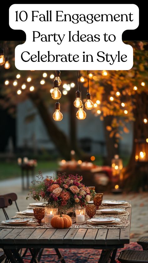 Autumn-themed engagement party setup with cozy outdoor decor, pumpkins, and warm lighting. Fall Themed Engagement Party, Fall Engagement Party Ideas, Fall Engagement Party, Fall Engagement Parties, Themed Engagement Party, Engagement Party Ideas, Seasonal Treats, Cozy Outdoor, Fall Engagement