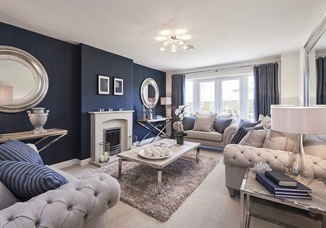 Wallpaper Living Room Ideas, Navy Living Room Decor, Blue Walls Living Room, Navy Living Rooms, Blue Living Room Decor, Gold Living Room, Beach Lounge, Cosy Living Room, Living Room Color Schemes