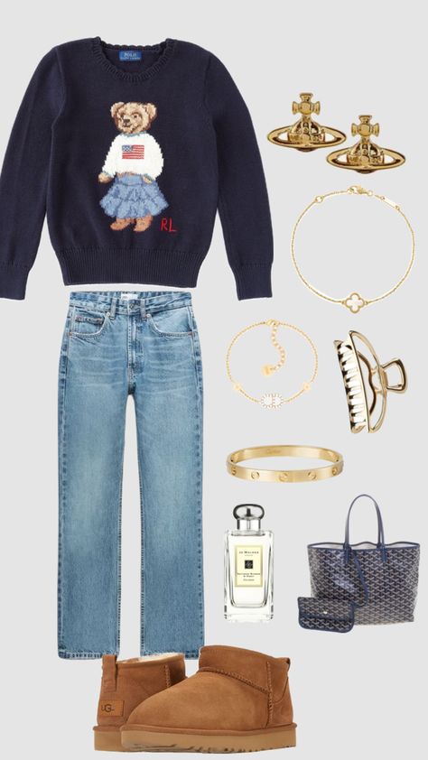 #outfitinspo #ootd #inspo #gold #outfit #polobear #goyard #dior #cartier #viviennewestwood outfit navyblue polobear gold fall autumn uggs cozy Outfit Navy, Gold Outfit, Navy Outfit, Outfit Layout, Ootd Inspo, Everyday Fashion Outfits, Casual Day Outfits, Stockholm Fashion, Navy Fashion