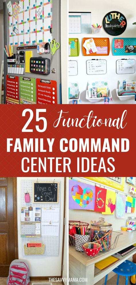 This image showcases functional family command centers featuring magnetic boards, colorful chore charts, whiteboards, and pegboards. These designs help busy families stay organized in small spaces and keep track of daily tasks. Small Kitchen Command Center, Command Center Board, Kitchen Command Center Countertop, Fridge Command Center, Kids Command Center, Diy Family Command Center, Kitchen Message Center, Family Command Center Ideas, Family Message Center