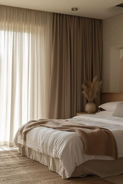 Beige Curtains Bedroom, Brown Curtains Bedroom, Modern Beige Bedroom, Beige Bedroom Ideas, Beige Room, Brown Rooms, White Room Decor, Beige Bedroom, Serene Bedroom