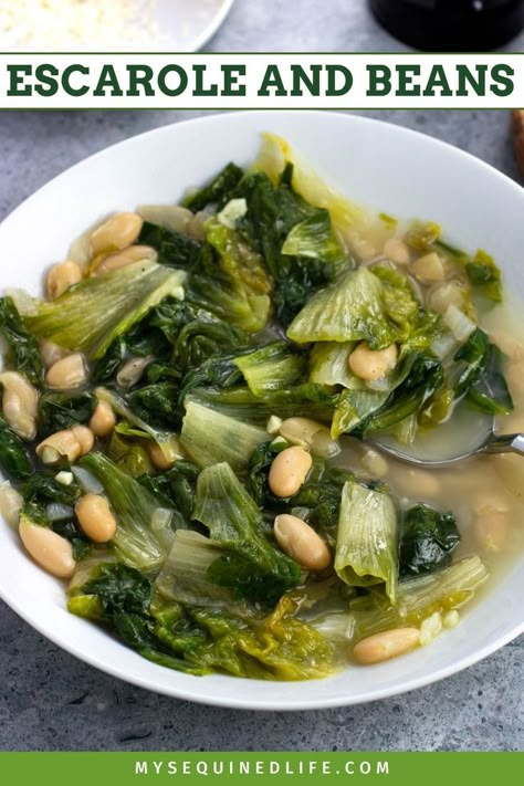 A shallow bowl of escarole and beans in broth. Beans And Greens Recipe, Meal Ideas For A Crowd, Escarole And Beans, Italian Side Dish, Escarole Recipes, Greens Recipe Soul Food, Greens And Beans, Escarole Soup, Beans And Greens