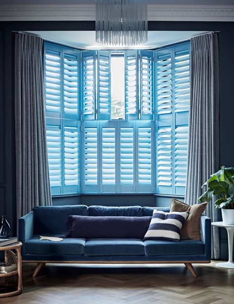 Shutters And Curtains Together, Curtains Over Shutters, Curtains With Shutters, Shutters With Curtains, Bay Window Shutters, Living Room Shutters, Cafe Style Shutters, California Shutters, Blue Shutters