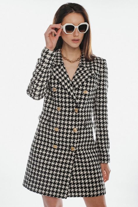 Black and white houndstooth tweed coat dress Tweed Jackets, Boucle Jacket, Houndstooth Dress, Tweed Coat, Dress Coat, White Houndstooth, Tweed Jacket, Coat Dress, Double Breasted