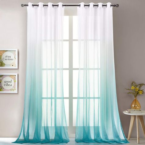 Ombre Bedroom, Turquoise Curtains, Teal Curtains, Ombre Curtains, Blackout Curtains Bedroom, Color Transition, Sheer Linen Curtains, Curtain Styles, Curtains And Draperies