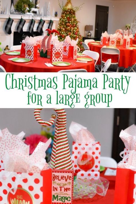 My guests can't stop talking about how much fun this Christmas Pajama Party was. They loved it so much and they now want to make it an annual event. Because everyone wears pajamas, there is a casual vibe and no tension that is sometimes felt in a large party setting. You can customize this party and it's perfect for large and small groups. The menu, games and prizes were huge hits! Christmas Pj Party Ideas, Pj Party Ideas, Pajama Party Ideas, Pajama Party Games, Christmas Party Menu, Christmas Pancakes, Christmas Classroom Treats, Christmas Pajama Party, Pancake Party