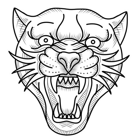 Traditional Tattoo Art Animal, Black Panther Tattoo Stencil, American Traditional Tattoo Outline, Panther Face Drawing, Jaguar Outline, Jaguar Head Tattoo, Panther Face Tattoo, American Traditional Tattoo Stencil, Tattoos Stencil