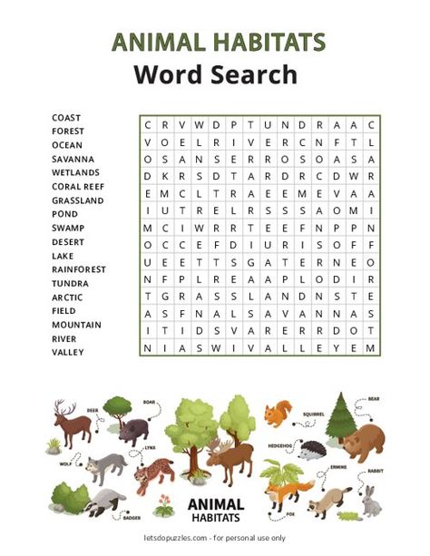 Animal Habitats Word Search | Free Printable Activity Habitat Printables Free, Animal Habitat Activities 2nd Grade, Habitat Worksheets Free Printable, Animals And Habitats Activities, Land Animals Worksheet, Animal Habitat Activities, Habitats Activities, Animal Classification Activity, Where Animals Live