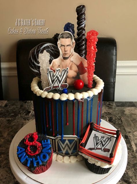 Wrestling Theme Cake, Wwe Birthday Party Ideas Cake, Wwe Birthday Party Ideas Decoration, Wwe Cake Ideas, John Cena Birthday, Wrestling Birthday Cakes, Wwe Birthday Cakes, Wwe Cake, Wrestling Cake