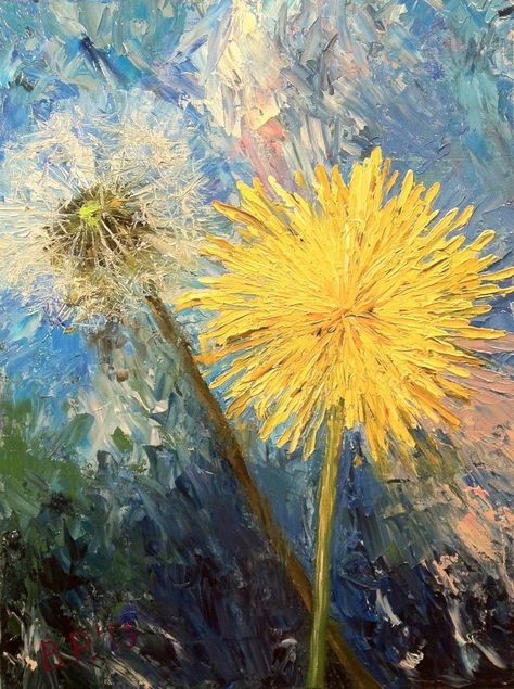 Dandelion Oil Pastel, Diy Dandelion Painting, Yellow Dandelion Painting, Abstract Dandelion Painting, Dandelion Oil Painting, Dandelion Painting Acrylic, Dandelion Paintings, Dandelions Painting, Painting Dandelions