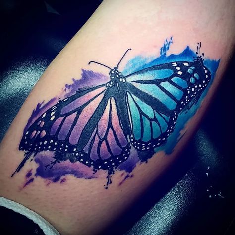 Blue And Purple Watercolor Tattoo, Blue And Purple Flower Tattoo, Purple And Blue Tattoo, Butterfly Tattoo Purple, Butterfly Tattoos Ideas, Purple Tattoo, Purple Flower Tattoos, Watercolor Butterfly Tattoo, Realistic Butterfly Tattoo