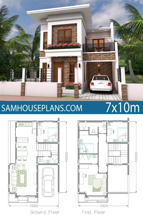 House Plans 6.5x7.5M With 2 Bedrooms - SamHousePlans Two Storey House Plans, Philippines House Design, Two Story House Design, 2 Storey House Design, Two Story House Plans, Two Story House, Modern Small House Design, Duplex House Plans, House Plan Gallery