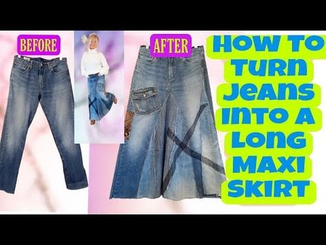 How To Make a Long Maxi Skirt From a Pair of Jeans - YouTube Diy Denim Skirt From Jeans, Maxi Jean Skirt Outfits, Upcycle Jeans Skirt, Diy Jean Skirt, Upcycle Denim Jeans, Jeans Into Skirt, Sew Jeans, Refashion Jeans, Maxi Skirt Denim