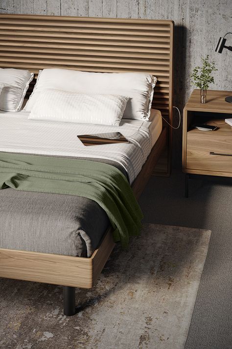 Cross-LINQ 9127 Modern Queen Bed With Charging Stations | BDI Furniture Wooden Bed Frame Design, Bed Elevation, Wooden Bed Design Modern, Spavace Sobe, Wooden Queen Bed Frame, Bdi Furniture, Cot Design, Modern King Bed, Modern Wooden Bed