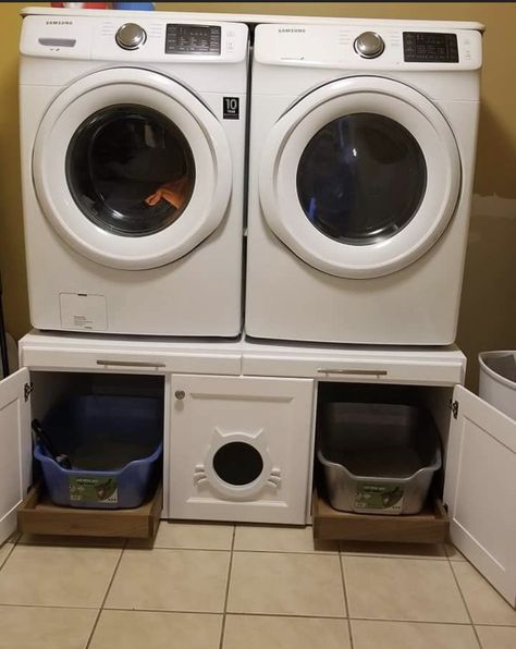 Washer Dryer Pedestal, Laundry Room Pedestal, Washer And Dryer Pedestal, Hidden Litter Boxes, Litter Box Ideas, Small Laundry Room Organization, Laundry Pedestal, Laundry Room Closet, Dream Laundry Room