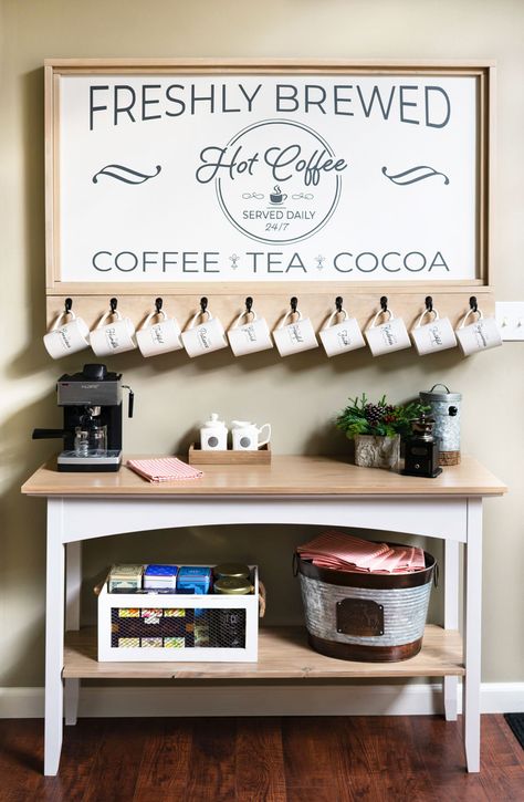 Build A Farmhouse, Coffee Event, Upcycle Table, Rustic Outdoor Decor, Coffee Bar Station, Coffee Bar Ideas, Coffee Stand, Diy Coffee Bar, Farmhouse Coffee Bar