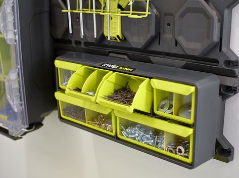 Ryobi Tool Storage, Ryobi Link, Computer Workstation Desk, Parts Organizer, Garage Workshop Layout, Small Parts Organizer, Ryobi Tools, Stationary Storage, Workshop Layout