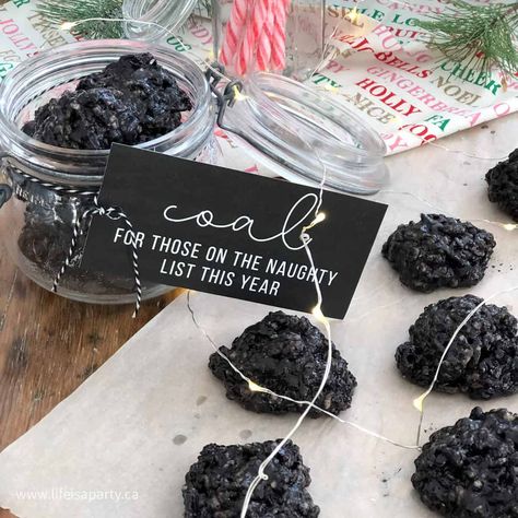 Coal Rice Krispie Cookies Christmas Coal Recipe, Coal Cookies, Coal Recipe, Rice Krispie Cookies, Christmas Coal, Black Food Coloring, Christmas Episodes, Free Printable Gifts, Free Printable Gift Tags