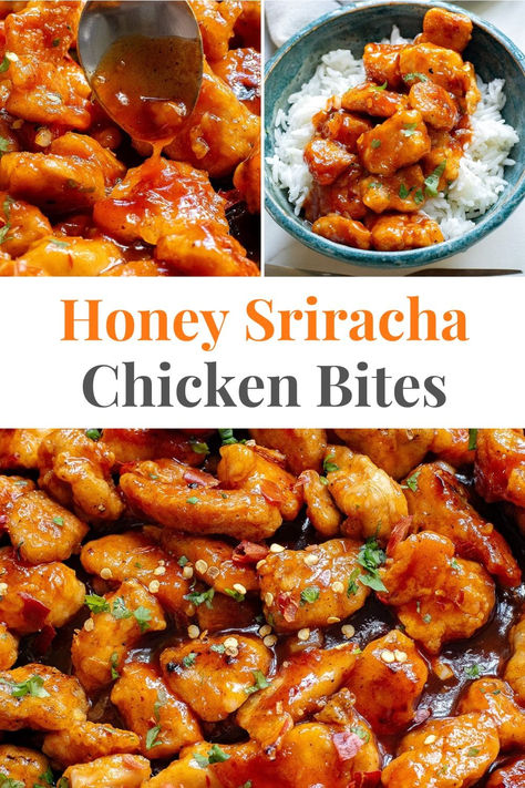 Honey Sriracha Chicken Bites Honey Sriracha Chicken Bites, Sweet And Spicy Chicken Bites, Honey Sriracha Chicken Bowl, Recipes With Sriracha, Baked Honey Sriracha Chicken, Rice With Noodles, Spicy Chicken Breast Recipes, Honey Siracha Chicken, Spicy Chicken Bites