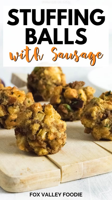 Flavor-packed Stuffing Balls with Sausage are easy to make and are the perfect appetizer or side dish for any holiday meal. Stuffing balls are bite-size morsels of homemade stuffing with country pork sausage, rolled into a ball and baked until warm and tender on the inside, with a golden-brown crust. Sausage Stuffing Balls Recipe Easy, Sausage Stuffing Balls Appetizers, Stuffing Balls With Sausage, Sausage And Stuffing Balls, Stove Top Stuffing Sausage Balls, Stuffing Sausage Balls Recipe, Sausage Balls With Stuffing, Stuffing Balls Recipe Stove Top, Sausage Stuffing Bites