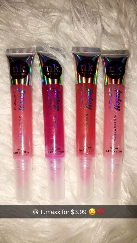 bomb lip gloss @ tj.maxx | NK MAKEUP JUICY LIP SHIMMER #gloss #lipgloss Nk Juicy Lip Shimmer, Juicy Lip Gloss, Nk Lip Gloss Aesthetic, Nk Lipgloss, Nk Lip Gloss, Lipgloss Collection, Lips Essentials, Shimmer Lip Gloss, Lip Gloss Cosmetics