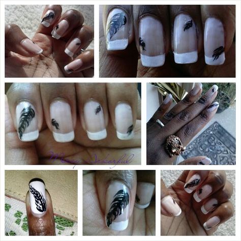 French Manicure with Feather accent. The feather on one nail looked too harsh, so I added little ones on my other nails. French Manicure, Manicure, Nail Art, Nails