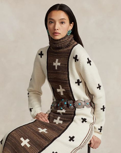 PRL x Naiomi Glasses Wool-Blend Dress Ralph Lauren 2023 Spring, Ralph Lauren Native American, Ralph Lauren Ranch Style, Ralph Lauren Western Aesthetic, Ralph Lauren 2024 Fall, Navajo Fashion, Naiomi Glasses, Navajo Clothing, Old Ralph Lauren