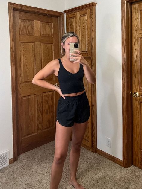 Lululemon Shorts And Tank Top, Crop Tank And Shorts Outfit, Athletic Shorts And Tank Top Outfit, Track That Short Lululemon, Align Tank Outfit Summer, Align Tank Top Outfit, Black Running Shorts Outfit Summer, Black Align Tank Outfit, Nike Tank Top Outfit