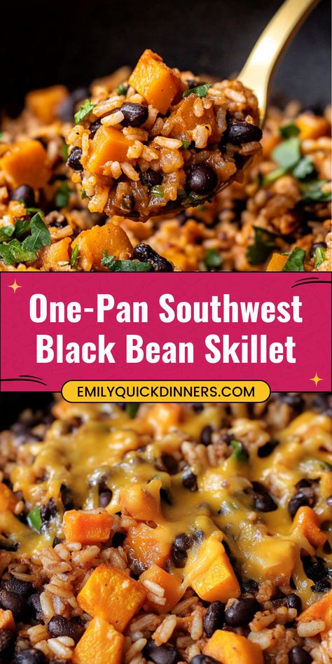 This Southwest Black Bean Skillet is a quick and easy one-pan meal that's bursting with flavor!  Tender rice, black beans, sweet potatoes, and a hint of spice. Perfect for a healthy and satisfying weeknight dinner. #blackbeanskillet #onepanmeal #easyrecipe #dinner #recipe #quickdinner #vegetarian #healthy Sweet Potato Black Beans And Rice, Sweet Potato Black Bean Skillet, Black Bean Skillet, Rice Black Beans, Zesty Sauce, Skillet Meals, Best Dinner, One Pan Meals, Best Dinner Recipes