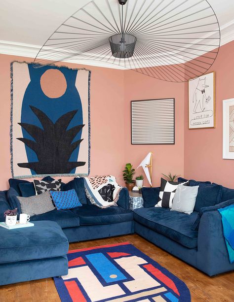 This was a custom hue for this house- how can we approximate? Blue And Pink Wall Paint Ideas, Pink And Blue Living Room, Blue And Pink Living Room, Cinder Rose, Blue Sofa Living, Navy Living Rooms, Peach Walls, Pink Living Room, Living Room Trends