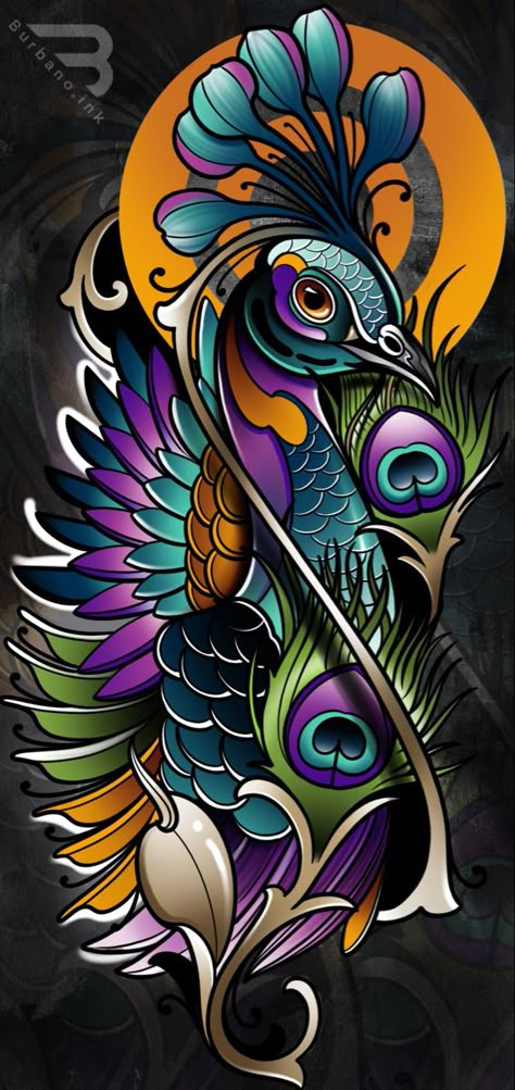 Neo Traditional Rib Tattoo, Neotraditional Peacock Tattoo Design, Peacock Neotraditional Tattoo, Neo Traditional Color Tattoo, Neotrad Tattoo Design Colored, Sleeve Tattoos Neo Traditional, Neotraditional Bird Tattoo Design, Neo Tradional Tattoo Ideas, Neo Traditional Tattoos Color