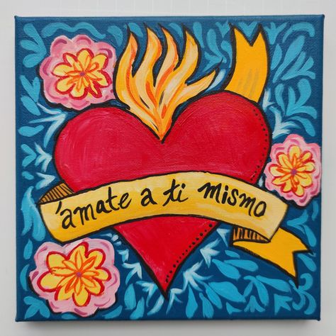 Sacred Heart Painting, Mexican Paintings Ideas, Take Care Of Your Heart, Mexican Folk Art Decor, Mexican Art Painting, Sacred Heart Art, Mexican Artwork, Mexican Paintings, Folk Flowers