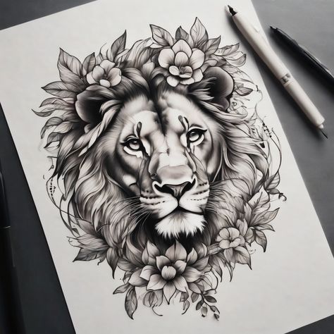 Lion Head With Flowers Tattoo, Lion Face With Flowers Tattoo, Lion With Crown And Flowers Tattoo, Lion With Flowers Tattoo Design, Fierce Lion Tattoo For Women, Lion With Flowers Tattoo For Women, Floral Lion Tattoo For Women, Lion And Flowers Tattoo Design, Lion With Flower Tattoo