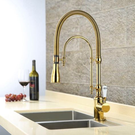 High Arc Dual-Mode Pull-Down Kitchen Faucet Solid Brass with Porcelain Handle in Gold Kitchen Sinks And Faucets, Gold Kitchen Faucet, Brass Kitchen Sink, Faucets Ideas, Rose Gold Kitchen, Gold Faucet, Black Kitchen Faucet, Brass Kitchen Faucet, Kitchen Sink Taps