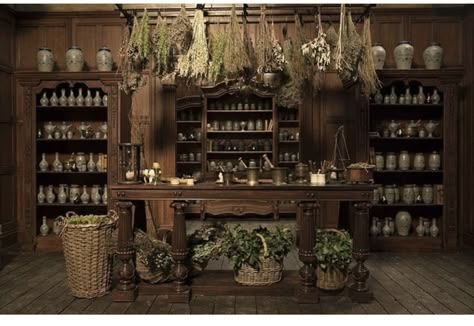 Witches Herb Cabinet, Outlander Inspired Living Room, Outlander Aesthetic Home, Alchemist Room, Medieval Apothecary, Witchy Apothecary, Herbalist Shop, Apothecary Design, Wild Magic