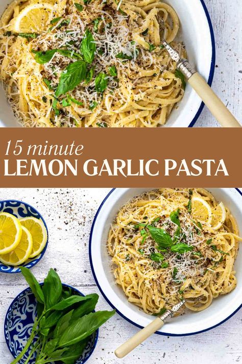 Lemon garlic pasta in a white enamel bowl, surrounded by a bowl of basil and a bowl of lemon slices. Garlic Recipes Healthy, Lemon Herb Pasta, Lemon Pasta Sauce, Garlic Lemon Pasta, Lemon Garlic Chicken Pasta, Lemon Pesto Pasta, Lemon Pepper Pasta, Pasta With Lemon Sauce, Lemon Parmesan Pasta