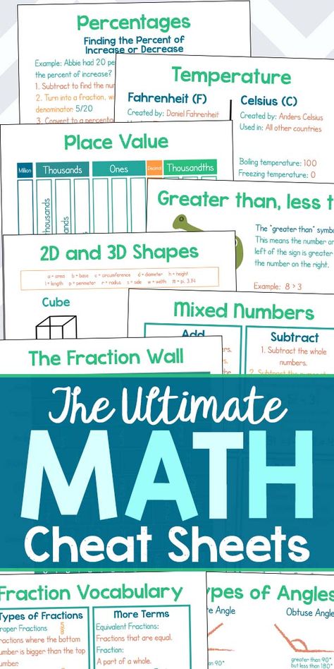 Do you have students who struggle with math? No worries, The Ultimate Math Cheat Sheets is here! Filled with fractions, decimals, geometry, trig and more with these reference sheets for grades 4-8. Fraction Cheat Sheet, Math For Dummies, Fraction Rules Cheat Sheet, Math Reference Sheet Free, Math Rules, Math Reference Sheet, Math Cheat Sheet, Teaching Math Strategies, Math Answers