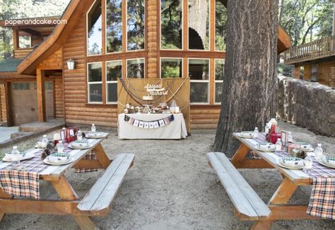 Paper and Cake | cabin in the woods party | http://www.paperandcake.com Cabin Birthday Party Ideas Adult, Cabin Fever Party, Woods Party, Cabin Party, Log Cabin Wedding, Personalized Party Decorations, Lumberjack Birthday Party, Secret Garden Parties, Christmas Log