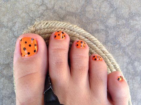 Pretty HALLOWEEN Pedicure: Orange polish with Black polka dots. *Done at Angel Touch Nails in Queen Creek AZ (where I Always go for my pedicures- they consistently do a great job!) Halloween Pedicure Designs, Halloween Pedicure Ideas, Halloween Pedicure, Toe Nail Designs For Fall, Halloween Toe Nails, Black Pedicure, Halloween Toes, Nail Designs For Fall, Fall Pedicure