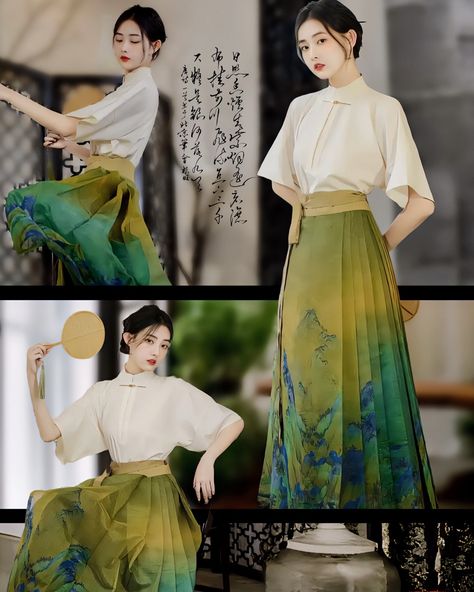 The "Qianli Jiangshan" Mamian Skirt is a Hanfu that incorporates elements from the Northern Song Dynasty painting "A Thousand Li of Rivers and Mountains." It features intricate embroidery that depicts the landscape scenes from the painting, often using high-quality materials like silk and brocade. The Mamian skirt design is symmetrical with pleats on the sides, creating an elegant overall look. It is suitable for traditional cultural events and Hanfu gatherings and can also be worn as fashio... Song Dynasty Painting, Chinese Style Dress, Modern Hanfu, Chinese Embroidery, Chinese Hanfu, Song Dynasty, Modern Chinese, Chinese Clothing, Chinese Dress