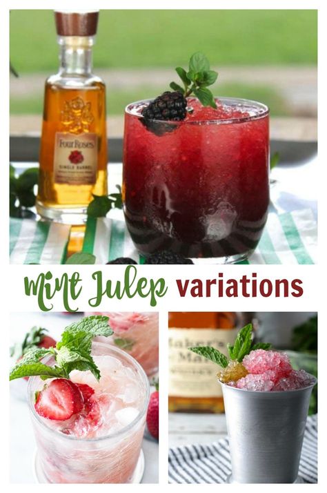 Mint Julep Variations. These fruity cocktails are twists on the normal Mint Julep cocktails.  #mintjulep #cocktails #drinks #booze #fooddays #summertime Easy Mint Julep Recipe, Mint Julep Punch, Collage With Text, Mint Julep Cocktail, Julep Recipe, Mint Julep Recipe, Twisted Recipes, Tasty Drinks, Summertime Drinks