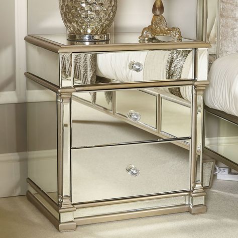 Athens Gold Mirrored 3 Drawer Chest Bedside Cabinet Bedside Table Glass Bedside Table, Mirror Bedside Table, Mirror Bedside, Tallboy Chest Of Drawers, Upholstered Chaise Lounge, Luxury Mirror, Luxury Bedroom Design, 3 Drawer Chest, Mirrored Nightstand