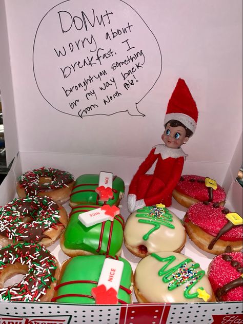 Elfie Is Back Ideas, Elf Brings Treats, Morning Elf On The Shelf Ideas, Elf Made Breakfast, Christmas Morning Elf On The Shelf Ideas, Doughnut Elf On The Shelf, Elf On A Shelf Breakfast Ideas, Cookie Elf On The Shelf, Easy Elf In The Shelf Ideas Kids